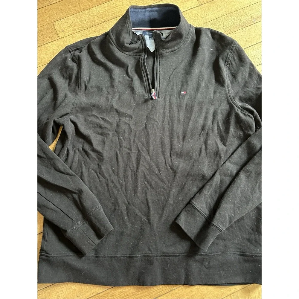 Tommy Hilfiger Quarter Zip Sweater Mens L Black Cotton Pullover Logo